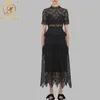 Arrive Women's Black Lace Short Sleeve Summer Dress Sexy Hollow Long Vestidos Self Portrait 210520