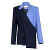 [EAM] Women Constrast Color Plaid Irregular Blazer Lapel Long Sleeve Loose Fit Jacket Fashion Spring Autumn 1DD0287 210930
