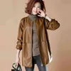 O-Boyun Bahar kadının PU Deri Ceketler Uzun Kollu Rahat Bayanlar Faux Deri Mont Temel Kadın Ceket ile Cepler 211112
