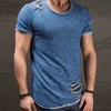 Fashion Summer Ripped Clothes Men Tee Hole Solid T-Shirt Slim Fit O Neck Short Sleeve Muscle Casual Jersey Tops T Shirts 210716
