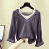 Autumn women's Solid Color Fake Two-piece Long-sleeved Off-the-shoulder Sweater Female Loose Bottoming Pullover Top 211007