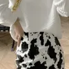 Aelegantmis vache imprimer haute rue femmes Faux cuir jupe printemps élégant femme léopard blanc noir Pu Midi 210607
