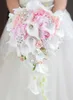 Düğün Çiçekleri 2021 Şelale Kırmızı Gelin Buketleri Yapay Inciler Kristal Buket de Mariage Gül