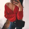 Sexy V Neck Wrap Sheath Exposed Navel Short Top Bow Tie Autumn Shirts Chiffon Women Blouses Backless Red White Crop Tops 210522