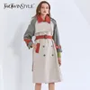 Patchwork Hit Color Windbreaker For Women Lapel Collar Long Sleeve Lace Up Vintage Windbreakers Female Clothes 210524