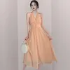 Moda de verano sexy halter lunares gasa midi vestido vintage elegante vacaciones playa vestidos 210518