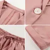 Pink Khaki Turn Down Collar Notch Blazer Elastic Waist Pants Women Two Pieces Set T0180 210514