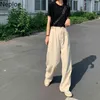 Kot Kadın Bahar Katı Moda Fermuar Fly Düğme Bayanlar Pantolon Rahat Yüksek Bel Geniş Bacak Düz Pantolon 1B752 210422