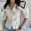 Sailor Collar Vrouwen Blouses Short Puff Sleeve Zomer Blusas Vintage Koreaanse Single Breasted Slanke Taille Mode Tops 210519