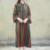 Johnature Summer Fashion Retro Plate Buckle Stand Fickor Striped Dress Bomull Linen Bekväma Kvinnor Cheongsam Klänning 210521