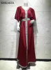 Siskakia Abito Hijab Jalabiya in raso morbido per donna Nastro moda Musulmano Dubai Arabo Caftano marocchino Maroon Ruffle Manica corta 210325