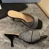 Zapatillas mulas de diamantes de imitación tacones de gatito zapatos de cuero real toboganes