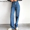 Womengaga High Waist Casual Slim Chemiming Jean's Myed Dark Blue Loose Proste Spodnie Spodnie Xux9 210603