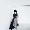 [EAM] Women Black Spliced Ruffle Irregular Dress Round Neck Short Puff Sleeve Loose Fit Fashion Spring Summer 1DD7553 21512