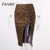 Front Slit Leopardtryck Kjolar Kvinnor Mode Kläder Knä Längd Sexig Bodycon Kjol Bottoms Vår Höst 210427