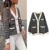 Snican Black Plaid Sweater Za Women Loose Casual Pockets Cardigan Winter Spring Outwear Female Tops Femme Chandails 210903