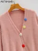 Matakawa höst ull stickad kvinna tröja spänne v-nacke cardigans vinterkläder för kvinnor 210513