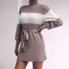 Vestido de suéter de invierno recto a rayas de punto para mujer manga farol Vintage corto básico ropa de cuello alto 210427