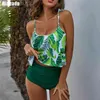 Riseado taille haute maillots de bain femmes Bikini maillot de bain feuille imprimé ensemble à volants Biquini Tropical plage porter grande taille XXL 210702