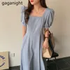 Gaganight Style français Summer Femmes Solide A-Line Robe de soirée Eleagnt Puff Sleeve Robe longue Vintage Col carré Dames Robe 210519