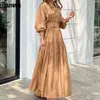 Polka Dot Maxi Dresses Women Lantern Sleeve V-Neck Casual Long Party Dress Fashion Elegant Button Up Loose Office Dress Vestidos Y1212