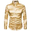 Chemises de soirée en Satin de soie pour hommes, coupe cintrée à manches longues, couleur unie brillante, chemise de mariage en boîte de nuit, 10 couleurs, S-2XL Casual261A