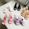 Модные бренды тапочки женщин квадратный носок высокие каблуки сандалии алмазные тиснения слайды дома открытый шлепанцы Zapatillas 2021