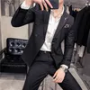 (Jacka + väst + byxor) Mode Mens Dubbelbröst Stripe Casual Business Suit Social Formell Suit 3 st Set Groom Wedding X0909