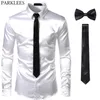 Preto Mens vestido de seda camisas 3 pcs (camisa + laço + bowtie) lisa cetim camisa homens magro festejar festejar camisas casuais casuais homens camisa 210629