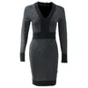 Fashion Celetrity Sexy Women V neck Lurex Knitted Black Plaid Sweater Dress Bodycon Bandage Club Party C-054 210522