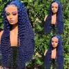 Lange Krullend Donkerblauw Kant Voor Menselijk Haar Pruiken Braziliaanse Diepe Golf Synthetische Pruik Lijmloze Pre Geplukt met Babyhair