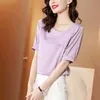 Summer Short Sleeve Silk Women Blouse and Tops Office Lady Skew Collar Satin Shirts Plus Size Female Clothing 13906 210508