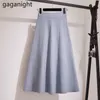 Autumn Winter Women Knitted Skirt Solid Lady Chic Stretchy Full Skirts High Waist Pleated Faldas Drop 210601