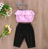 Çocuklar Bebek Kız Giysileri Set 2021 Yaz Kapalı Omuz Kısa Kollu Çiçek Tops + Denim Pantolon Jeans Moda Çocuk Kıyafetler