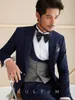 New Arrival Navy Blue Groom Tuxedos Peak Lapel Slim Fit Groomsman Wedding 3 Piece Suit Popular Men Business Prom Jacket Blazer(Jacket+Pants+Tie+Vest) 1812