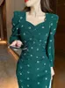 Donkergroen Midi Bodycon Jurk voor Party Vintage Retro Polka Dot Puff Sleeve Ruched Long Spring Chic Elegant Robe 210421