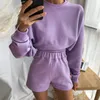 Ezgaga Casual Two Pieces Set Women Autumn Solid Tracksuit Långärmad Crop Top och Shorts Outfits Matching Set Basic Fashion 210430