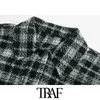 Kvinnor mode med fickor överdimensionerade Tweed Jacket Coat Vintage Långärmad Frayed Hem Kvinna Ytterkläder Chic Overhirt 210507