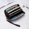 Plånböcker kvinnor plånbok äkta kohid äkta läder lång mynt handväska korthållare pengar telefon koppling wristlet dragkedja runt solid lila