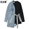[EAM] Loose Fit Denim Split Bandage Sweatshirt Round Neck Long Sleeve Women Big Size Fashion Spring Autumn 1H839 210909