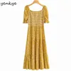 Robe d'été de vacances femmes Sexy col carré à manches courtes Vestido Mujer jaune Vintage imprimé fleuri a-ligne Midi 210430