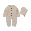 Infant Baby Boys Girls Pure Color Rompers Clothes + Hat 2PCS Children Boy Girl Kids Knitting Long Sleeve 210429