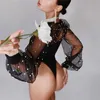 Primavera Sesy Mesh Patchwork Body Donna Pagliaccetti Fashion See Through Skinny Tute con maniche a lanterna Donna Elegante Top 210625