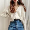 Fashion Women Cardigans Sweater Autumn V Neck Elegant Knitted Long sleeve Hollow Out Sexy Tops Pull Femme Casual Coat 210922