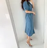 Vestido de mezclilla azul de verano para mujer, túnica Vintage, manga corta abullonada, cuello en V, trompeta, sirena, vestidos de mujer con bolsillo 210513