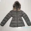 Women Nylon Short Down Jacket Zipper Closure Belt Pockets Thick Warm Coat Italy Designer Woman Fur Hood Winter Outwear x1