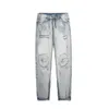 Mode hi-street mens hip hop skinny passform vintage tvättade denim byxor bekymrade rippade jeans med hål sidoklippare för manliga män