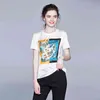 Sommer Frauen Casual Print Patchwork Satin Hemd Mode Tops Tees Rayon T-shirts Oansatz Lose Oansatz Kurzarm T-shirts 210324