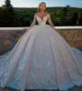 Luxury Church Arabic Dubai Wedding Dresses 2022 Bridal Gown V Neck Long Sleves Glitter Sequins Beadings Plus Size Vestidos De Noiva Mariage