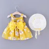 2021 Nouvelle mode bébé fille robes princesse vêtements mignon 2pcs ensemble fête coton fleur enfants chapeau sans manches doux 1-3 ans Q0716